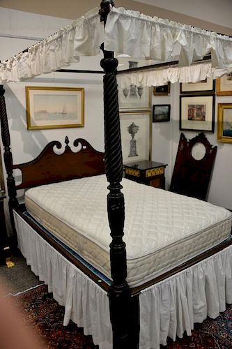 Federal style mahogany canopy bed with spiral turned posts with leaf and pineapple carving (double size). 
ht. 85 in.; inside wd. 58...