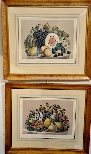 Currier & Ives 
two hand colored lithographs 
Autumn Fruits 
and 
Summer Fruits 
marked lower left: published by Currier & Ives  
si...