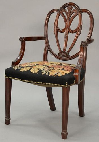 Custom Federal style armchair with plume and drape openwork back, fully needlepoint upholstered seats set on square tapered legs, at...