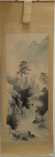 Oriental scroll having watercolor on silk mountainous landscape. 41" x 18"