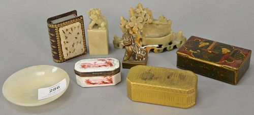 Group of Oriental pieces to include small jade dish, two soapstone pieces, match box with reticulated carved jade plaque, bronze foo...