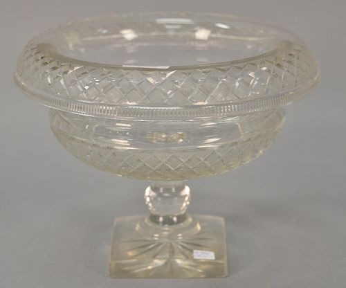 Large French crystal compote with rolled edge and square foot. 
ht. 8 1/2 in.; dia. 11 in.