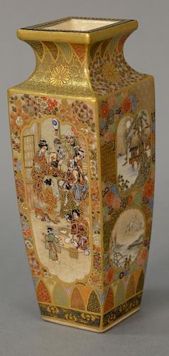 Fine Japanese Satsuma vase, square form with raised gold decorattion, each side with intricately decorated panels, signed on bottom....