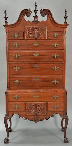 Fineberg mahogany Chippendale style highboy in two parts, upper portion with broken pediment top having carved rossettes and three f...