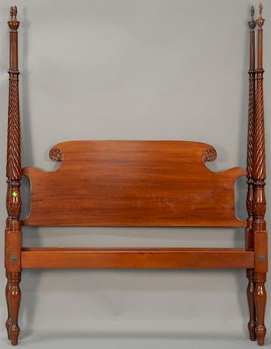 Fineberg mahogany four post bed with spiral turned tall posts with flame finials and floral carved headboard (double size).  
ht. 72...