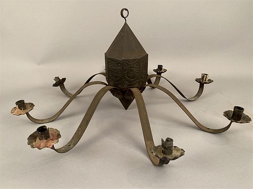 Unusual Octagonal Punched Tin Chandelier w/8 Arms