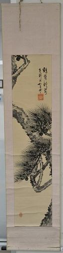 Oriental scroll including black and white watercolor on paper of pine trees (image size 53" x 12") signed with seal mark.