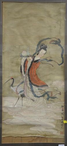 Oriental watercolor on silk of  geisha with crane. 35" x 16"