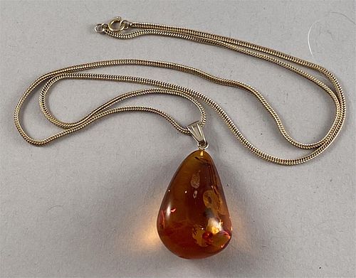 Amber Pendant on 14K Gold Necklace