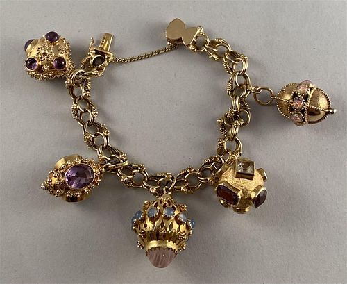 18K Gold Bracelet w/5 Etruscan Revival Charms