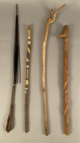 3 Carved Walking Sticks & Umbrella w/Swan Head