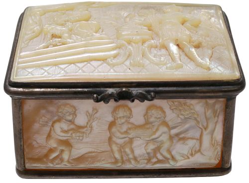 MOTHER-OF-PEARL & SILVER MOUNTED SNUFF BOX