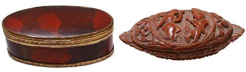 (2) PAINTED LACQUER & COQUILLA NUT SNUFF BOXES
