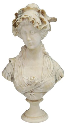 CARVED ALABASTER BUST, YOUNG LADY WITH ROSE