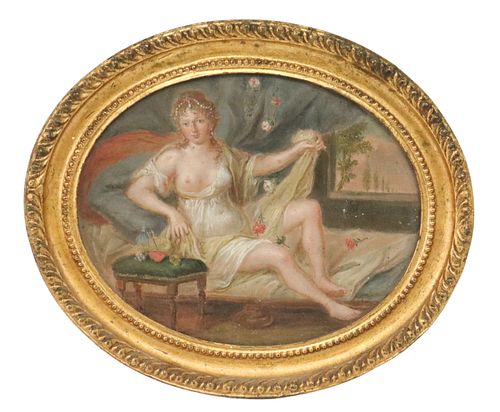 FRENCH SCHOOL OIL ON PAPER PAINTING RECLINING LADY