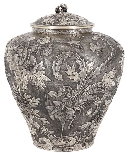 LARGE CHINESE SILVER PHOENIX & PEONY COVERED JAR