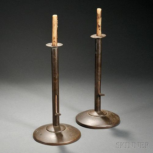 Pair of Large Weighted Copper Push-up Candlesticks
