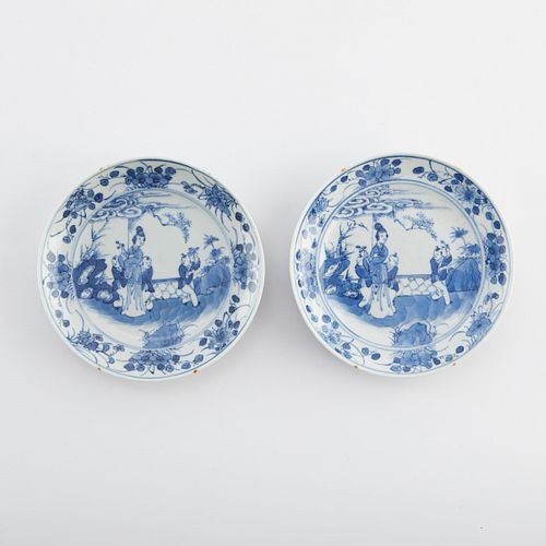 Pr Chinese Kangxi Blue & White Porcelain Dishes