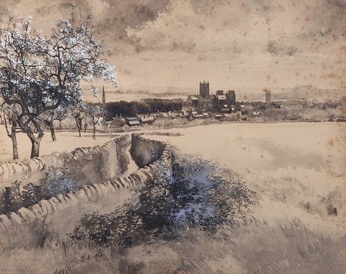 Joseph Pennell Watercolor/Ink "Wells Cathedral from N.E."