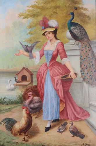 Oil on Canvas Woman & Birds Illegibly Signed