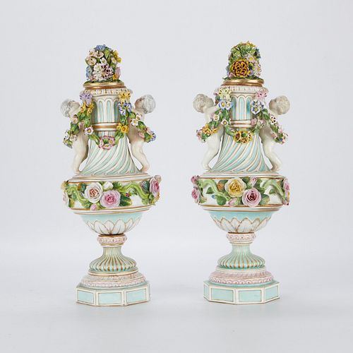 Pr of Meissen Style Lidded Urns w/ Putti & Flowers