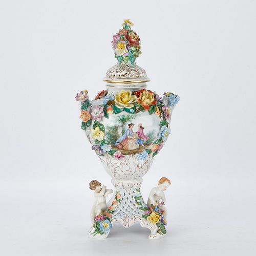 Thieme Dresden Porcelain Urn w/ Putti & Flowers