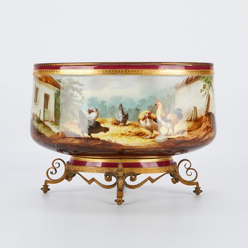 Large Old Paris French Porcelain Basin w/ Chickens