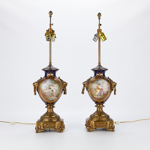 Pr French Sevres Style Lamps w/ Gilt Mounts