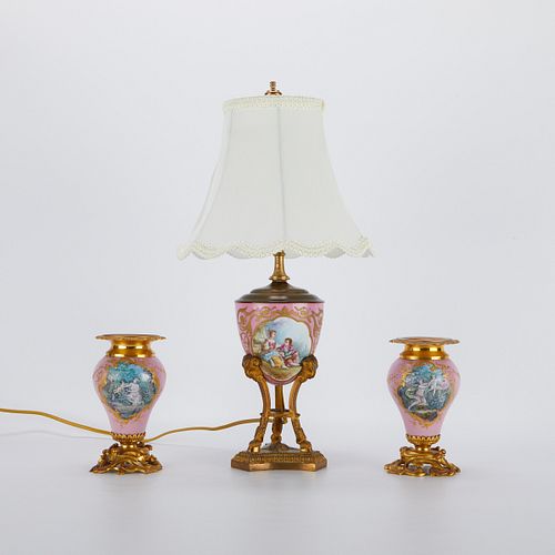 3 Pink French Sevres Style Vases, Lamp