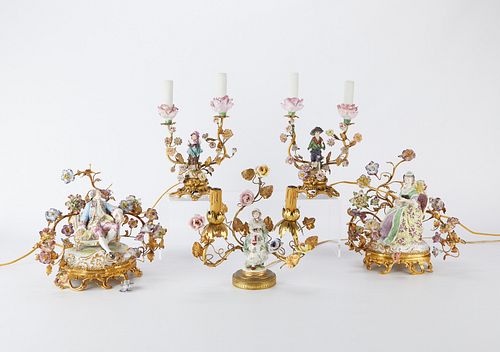 5 Louis XV Style Brass and Porcelain Garniture