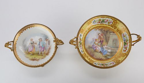 2 Sevres Style Porcelain Dishes w/ Brass Stands