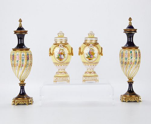 2 Pairs Sevres & KPM Style Porcelain Urns