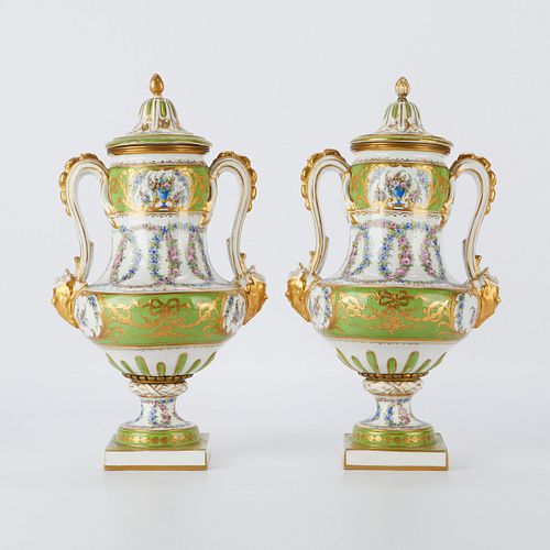 Pair of French Sevres Style Green Lidded Urns