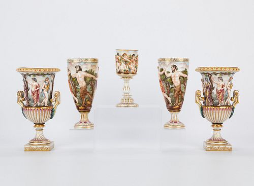 5 Capodimonte Porcelain Goblets & Urns