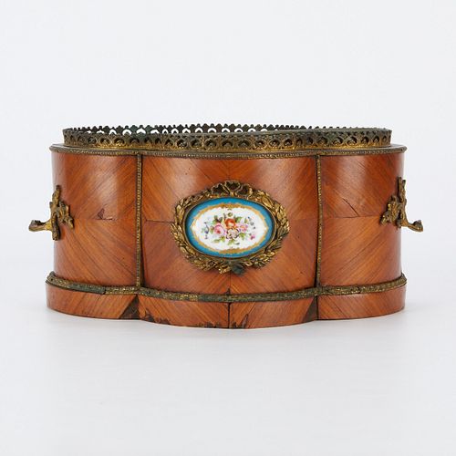 19th c. French Veneered Jardiniere w/ Porcelain Plaques