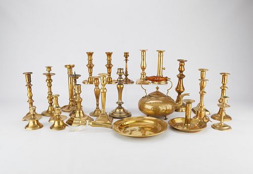 22 Antique Brass Candlesticks Teapot Tray