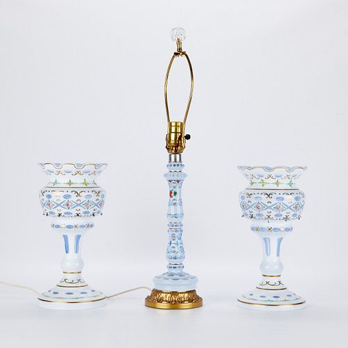3 Bohemian Cut Overlay Glass Lustres and Lamp