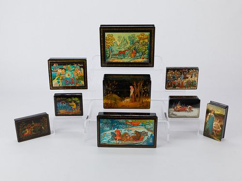 9 Russian Hand Painted Lacquer Boxes