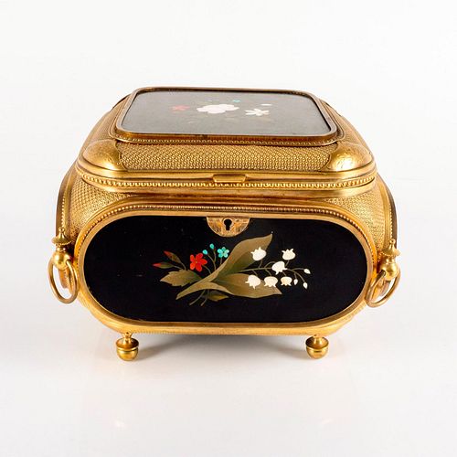 Antique Pietra Dura Floral Stone Inlay Gilded Jewelry Box