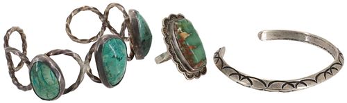 (3) SOUTHWEST STYLE SILVER TURQUOISE CUFFS & RING