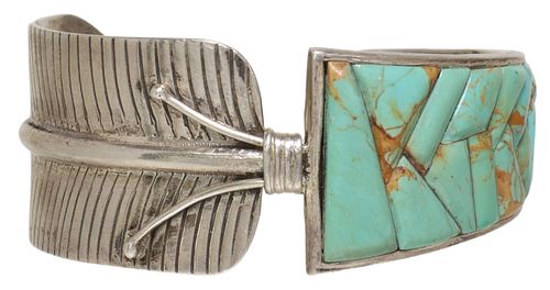 SOUTHWEST STYLE STERLING & TURQUOISE FEATHER CUFF