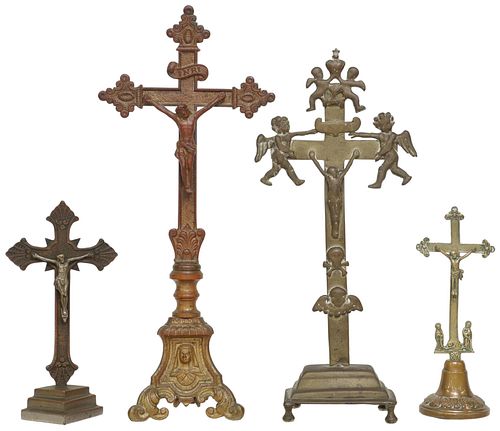 (4) GROUP OF METAL ALTAR CRUCIFIXES ON PEDESTALS