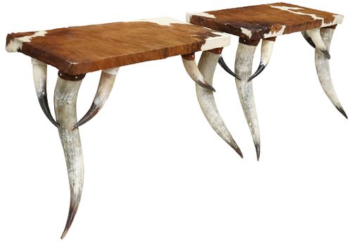 (2) HORN & COWNHIDE CONSOLE TABLES, 20TH C.