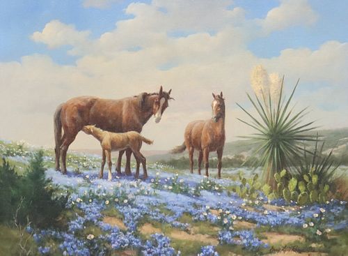 GARY LYNN ROBERTS (B.1953) HORSES & BLUEBONNETS