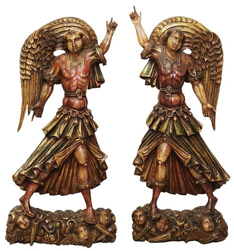 (2) LARGE ARCHITECTURAL CARVED WOOD ANGELS