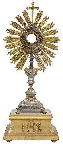 FRENCH SILVERPLATE MONSTRANCE ON GILTWOOD STAND