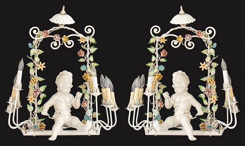 Rococo Style Porcelain Ten-Light Chandeliers, Pair
