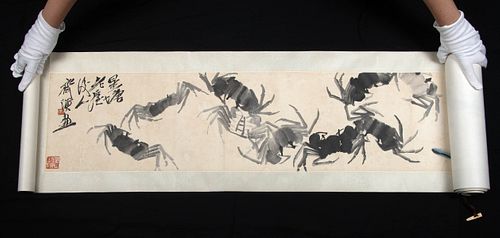 Signed Qi Baishi Handscroll Painting w/ Shrimp, Crabs, Frogs, Aquatic Plants