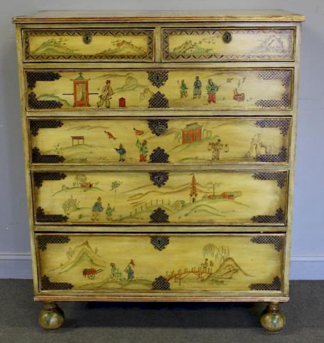 Antique Chinoiserie Decorated Tall Chest Raised on