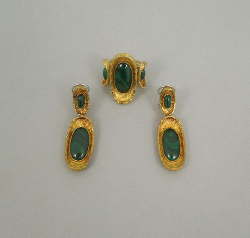 18K Gold and Malachite Ring and Earring Set.